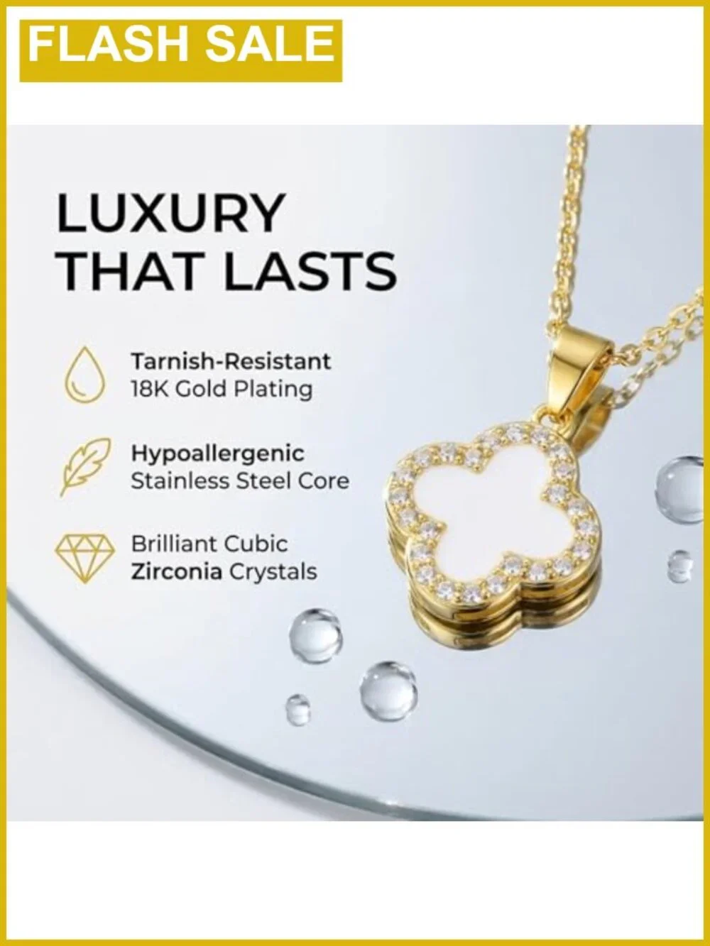 18K Gold Plated Stainless Steel Clover Pendant Necklace Cubic Zirconia